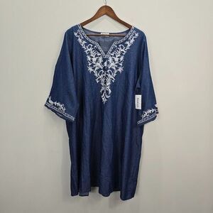 Anthropologie Kindred Dress 3X Blue‎ Chambray Peasant Boho Mini Embroidered